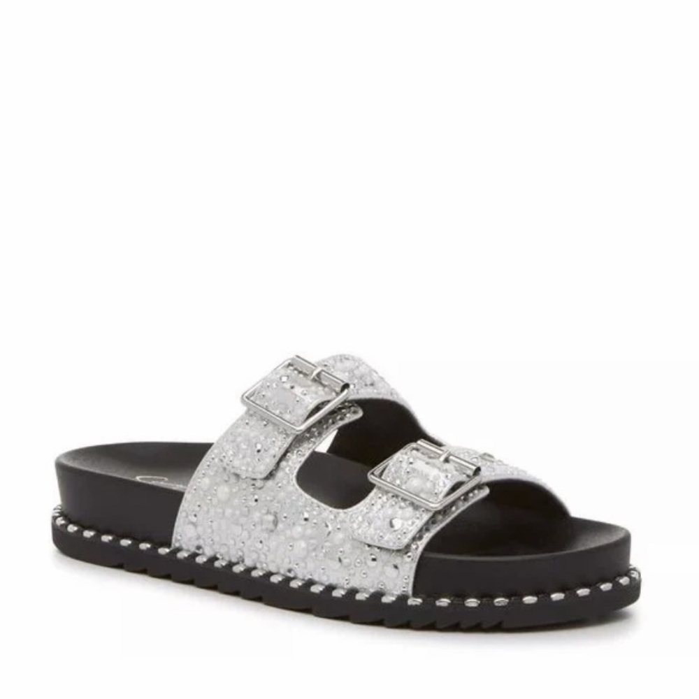 Jessica Simpson Silver Glitter Double Buckle Slide Sandal